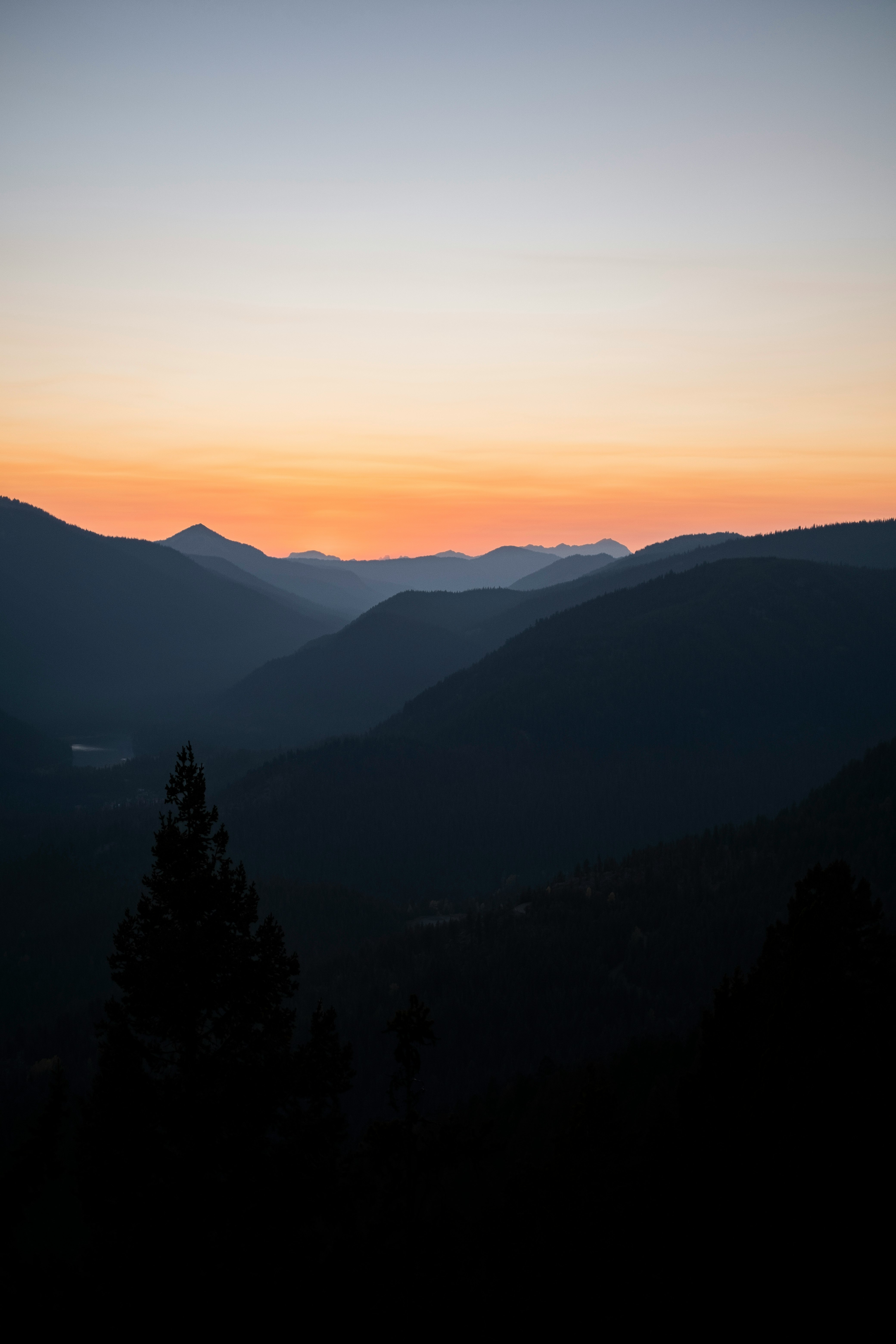 silhouette of trees and mountains during sunset